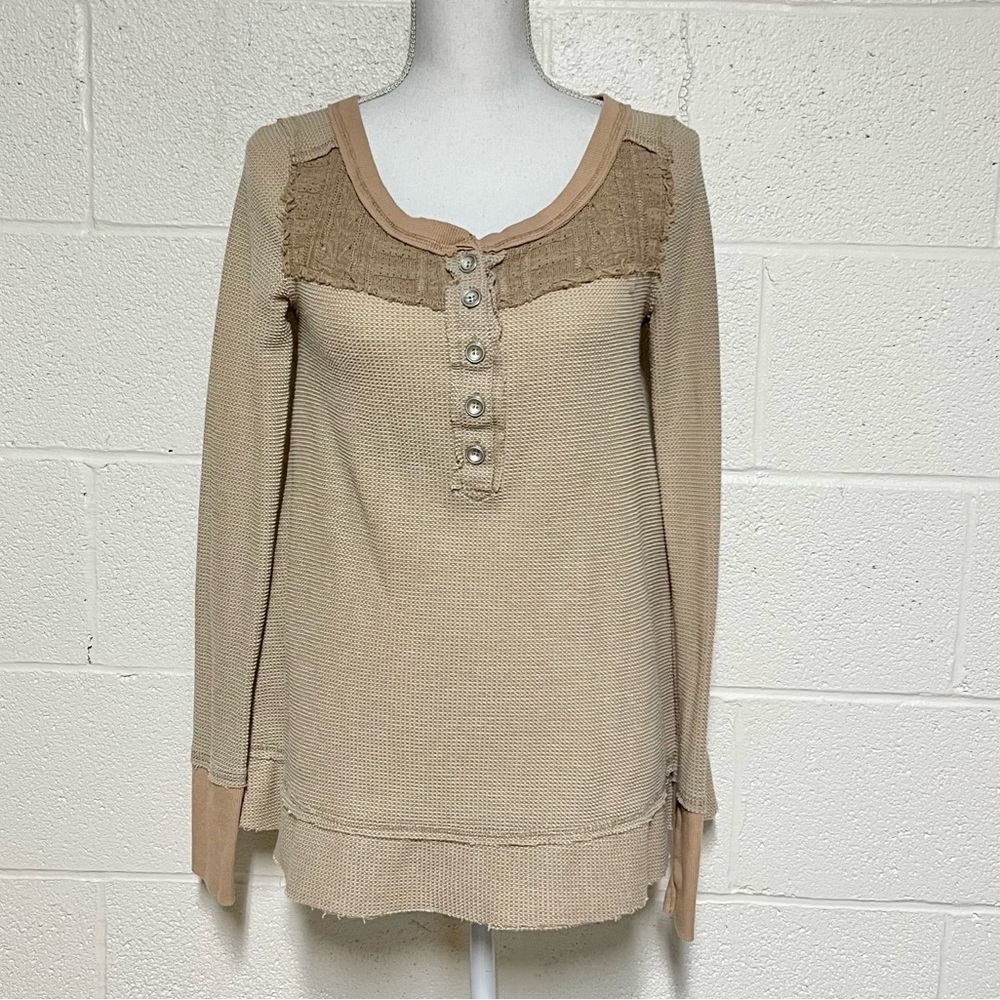 We the Free/Free People Two-Tone Tan Henley Boho Tunic Size S